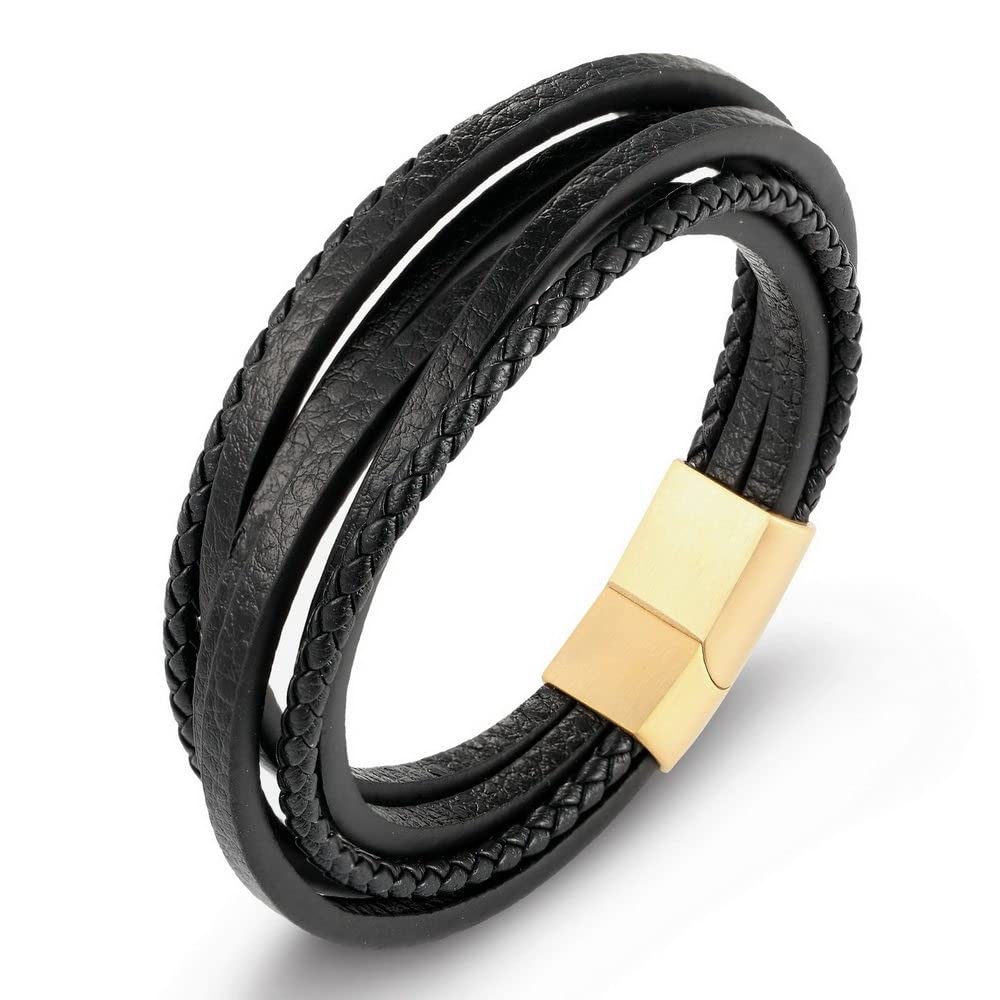 FRERPulsera Cuero,Pulseras para Hombres Pulsera De Cuero Trenzado Diseño De Múltiples Capas Accesorios De Moda De Oro Pulsera De Cuero Negro Joyas para Mujeres Hombres Regalo