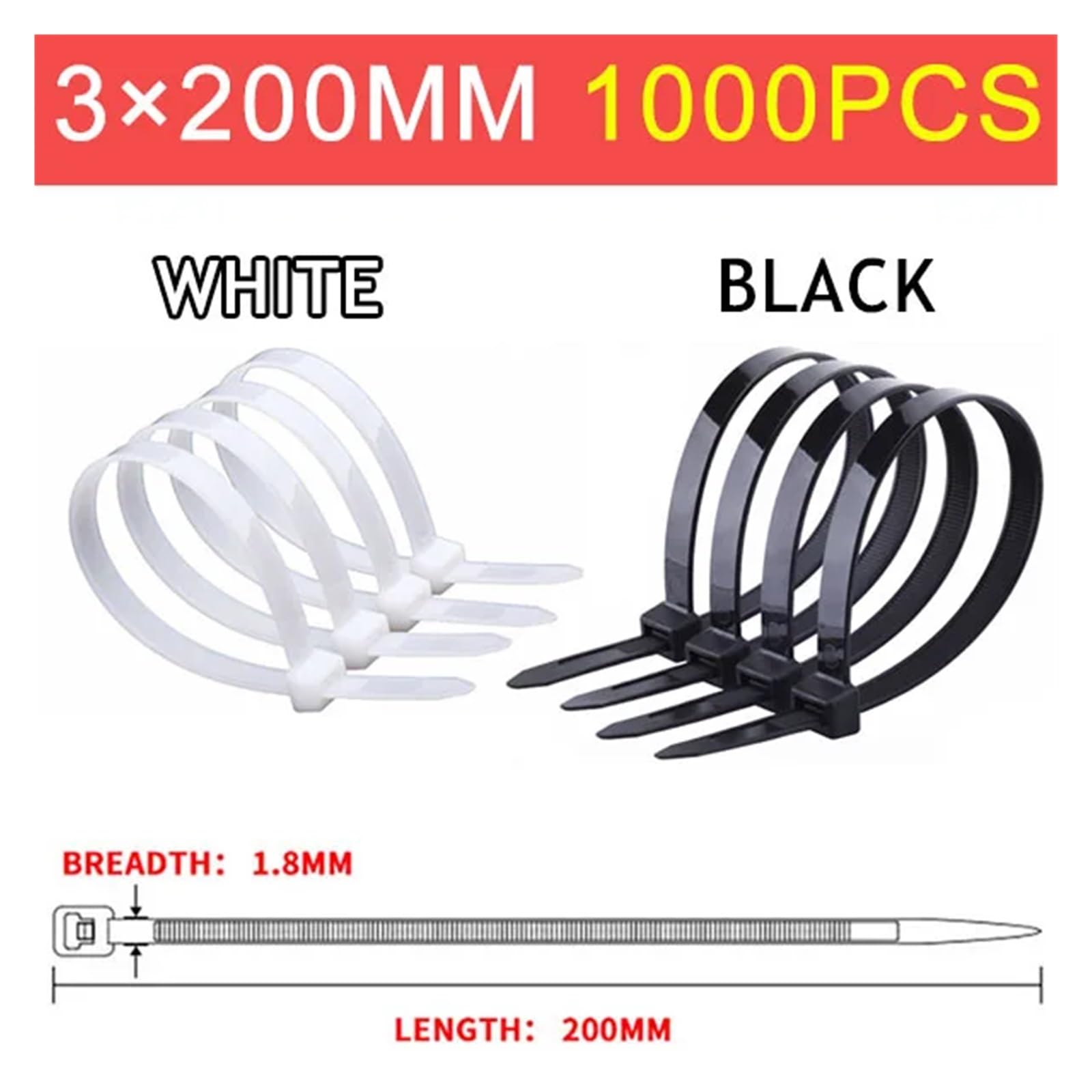 Bridas de nylon ABS con cierre automático, Bridas for cables de nailon autoblocantes Blanco Negro (3-5) x (100-300) mm 1000/5000/10000 PCS(3x200mm,Black(10000PCS))