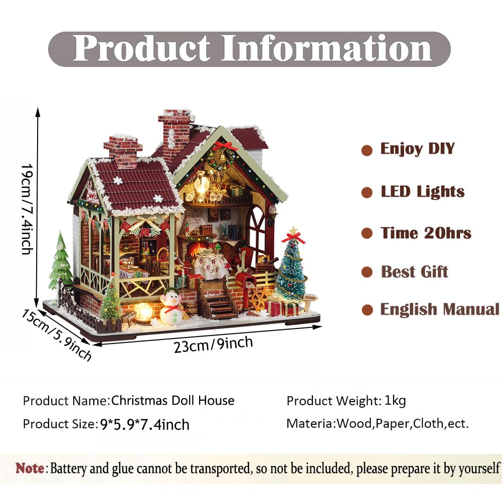 Kit fai da te per casa delle bambole in miniatura di Natale, kit mini casa delle bambole in legno per adulti, puzzle 3D in legno con LED, regalo di Natale e compleanno, decorazione per la casa per
