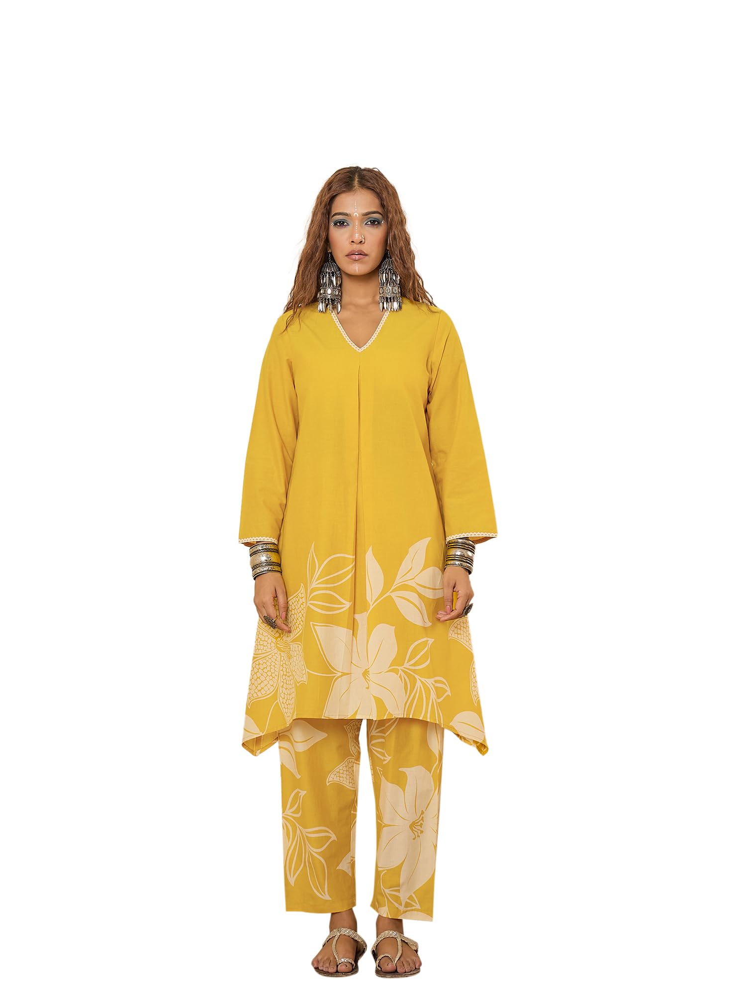 Cotton Yellow Floral Print Asymmetric Tunic Co-ord Set-image-27