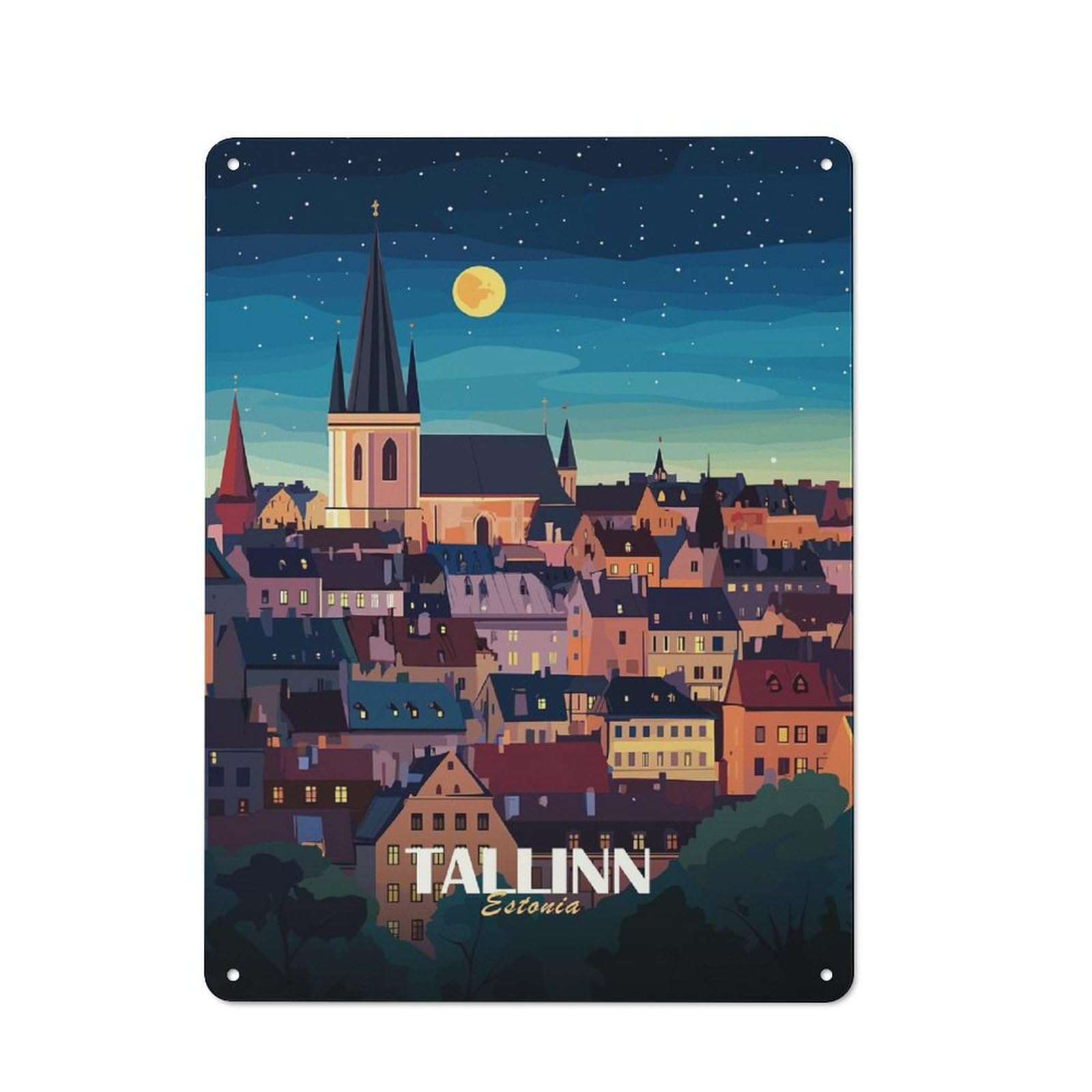Tallinn, Estonia Cityscape at Night Workshop Style Metal Wall Decor 40x30cm, Tin Sign for Tool Room, Garage, Studio Or Home Bar