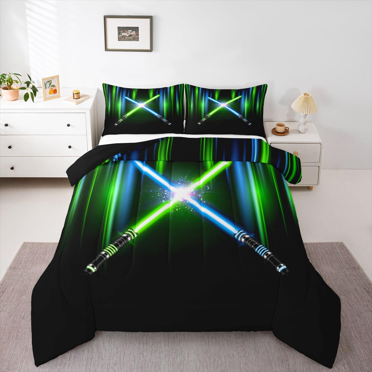 Geometric Lightsaber Bedding Set Queen Size Kids Girls Boys Neon Blue Green Light Stripes Comforter Set 3Pcs Teens Room Decor Modern Fashion Games