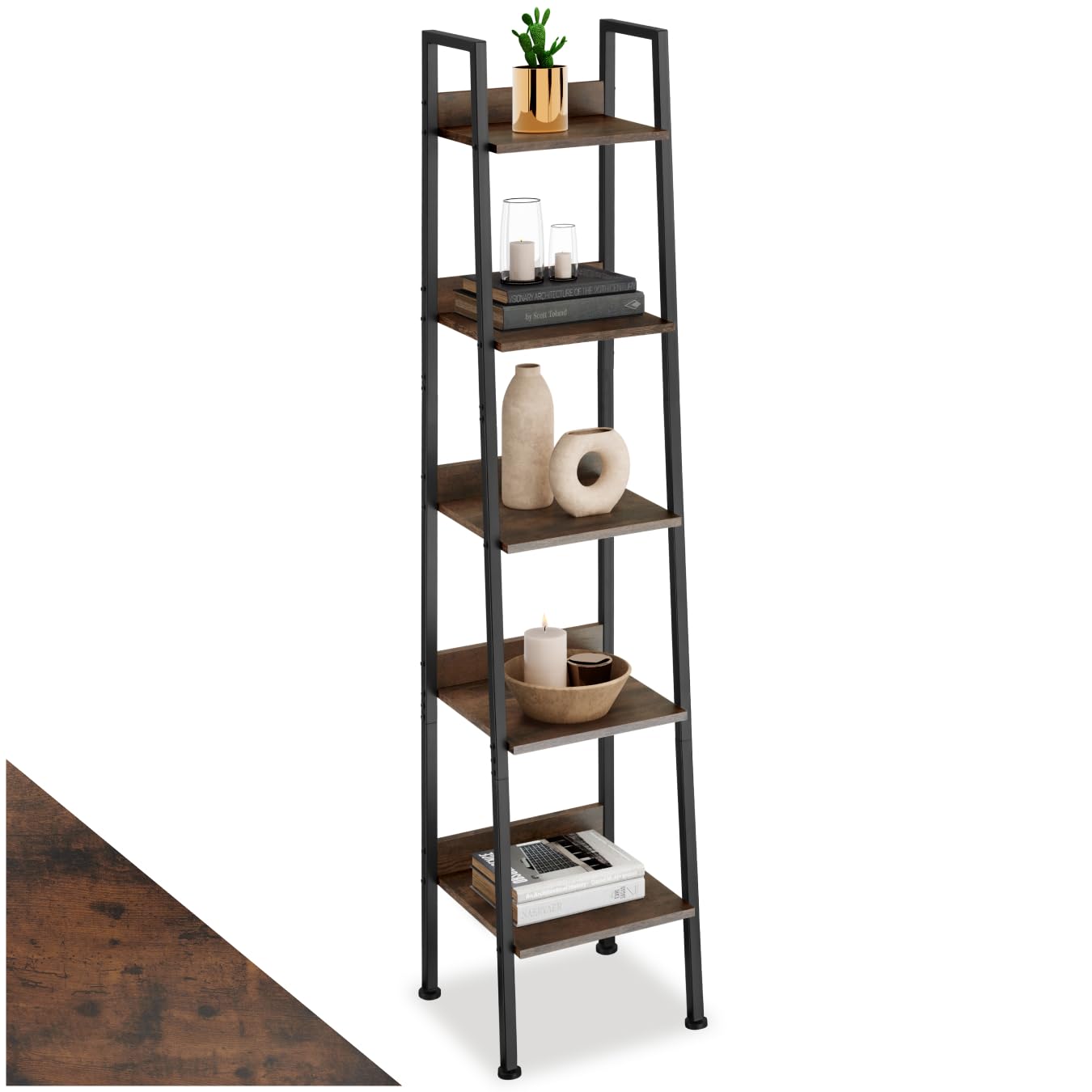 tectake® Étagère échelle à 5 Niveaux 35,5 x 31,5 x 170,5 cm, Bibliothèque Style Industriel Minimaliste, Étagères Verticales Meuble de Rangement Chambre Salon Bureau, Etagere Bibliotheque, Bois foncé