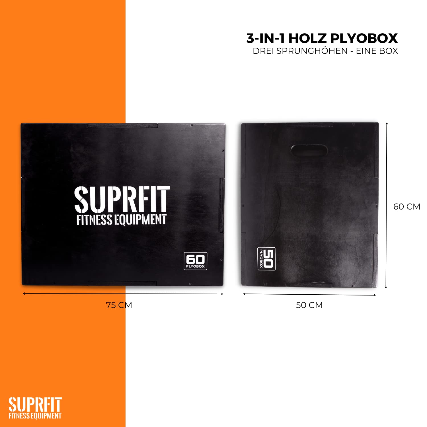 SUPRFIT – Plyo Box Holz – Sprungbox für plyometrisches Training, Sprungkrafttraining & Crossfit – Jump Box mit 3 Sprunghöhen 50 x 60 x 70cm – bereits vormontiert (Schwarz, Weiß & Braun)