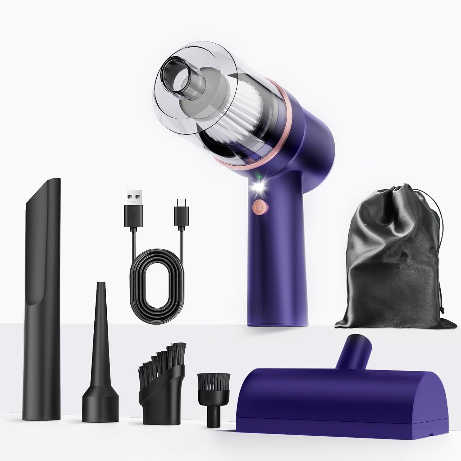 Mini aspiradora inalámbrica con luz LED  Aspiradora de mano de 15000 Pa recargable – Aspiradora portátil 3 en 1 potente para automóvil con múltiples