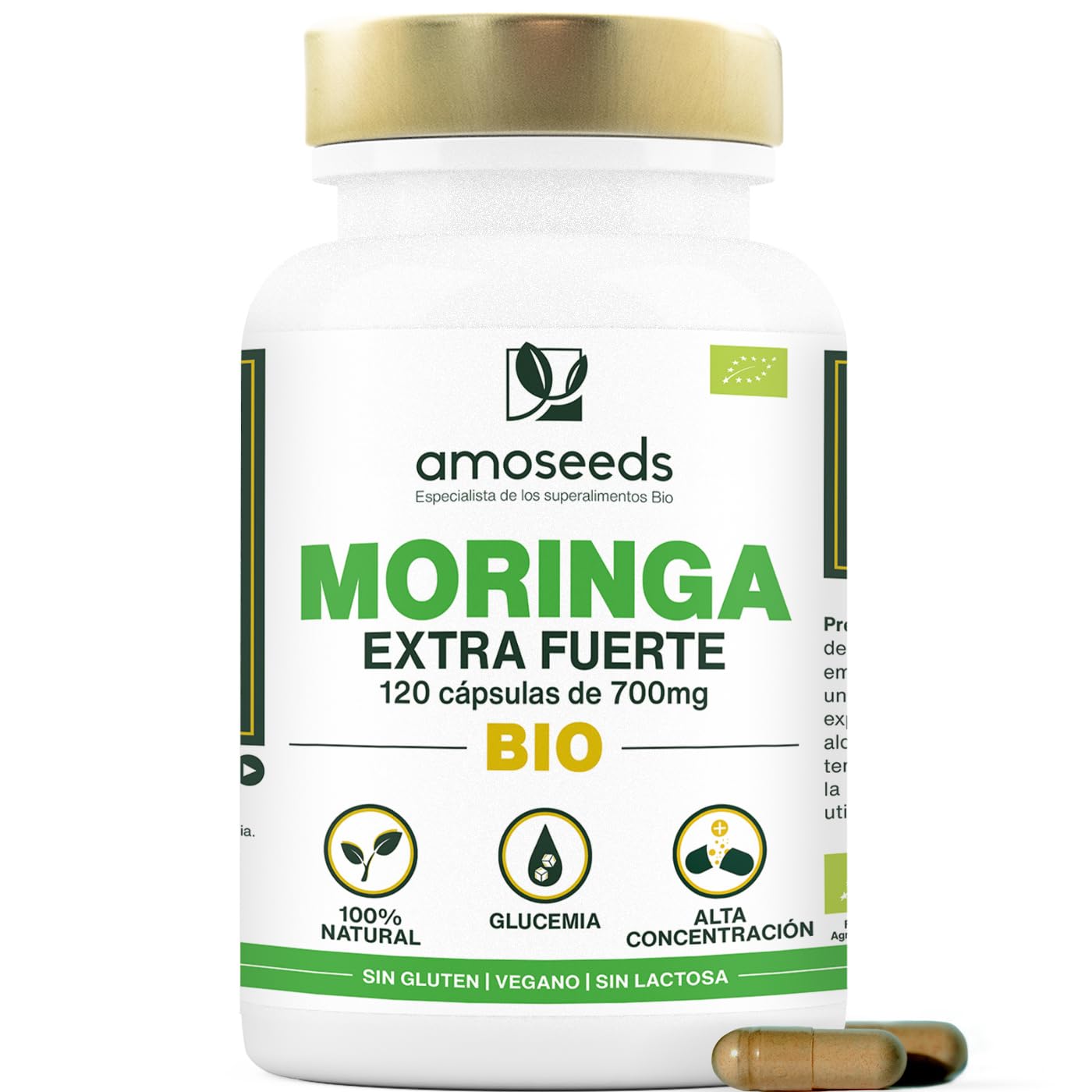 Moringa Oleifera BIO | Extra Forte | Azúcar en sangre | 100% Natural y Puro | 120 cápsulas veganas de 700mg | Primera Calidad