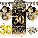 30 Decoración Cumpleaños Chica Chicos,Globos Cumpleaños Feliz Decoracion,Pancarta Feliz 30 Negro y Dorado,Banderola,Confeti
