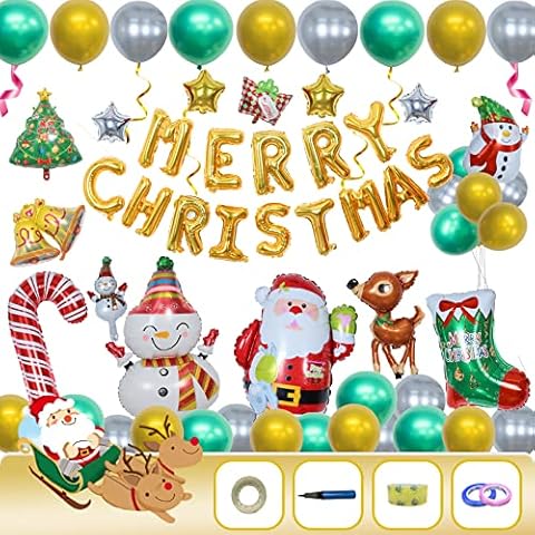 EXTFANS 58PCS Christmas Balloons Decorations with Manual Pump, Christmas Foil Balloons Kit with Santa Claus, Snowman, Elk, Crutch, Christmas Tree for Merry Christmas Party Decoration Supplies Cover