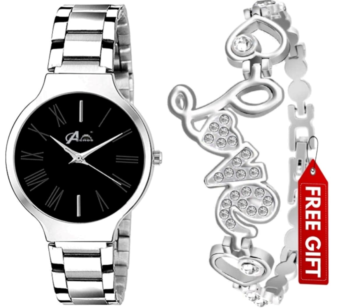 Acnos Premium Brand - Branded Analogue Watch 4 Dial Black Stainless Steel Silver Band Wathces With Love Diamond Silver Braclet And Analogue Watch For Women Analogue Watch For Girls, Silver Band (B0B2414HDX) Amazon Price History, Amazon Price Tracker