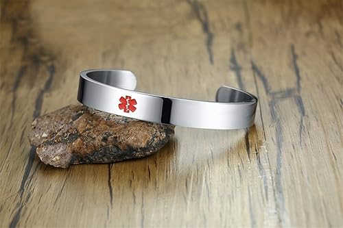 Miniatura 10 de VNOX Pulsera médica personalizada con identificación de alerta de condición médica, brazalete de acero inoxidable, negroplatachapado en oro