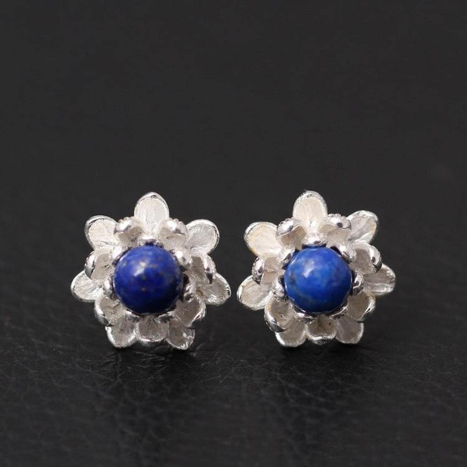 LOKILOKI 925 Sterling Silver Lapis Lazuli Lotus Flowers Stud Earrings For Women Elegant Lady Prevent Allergy