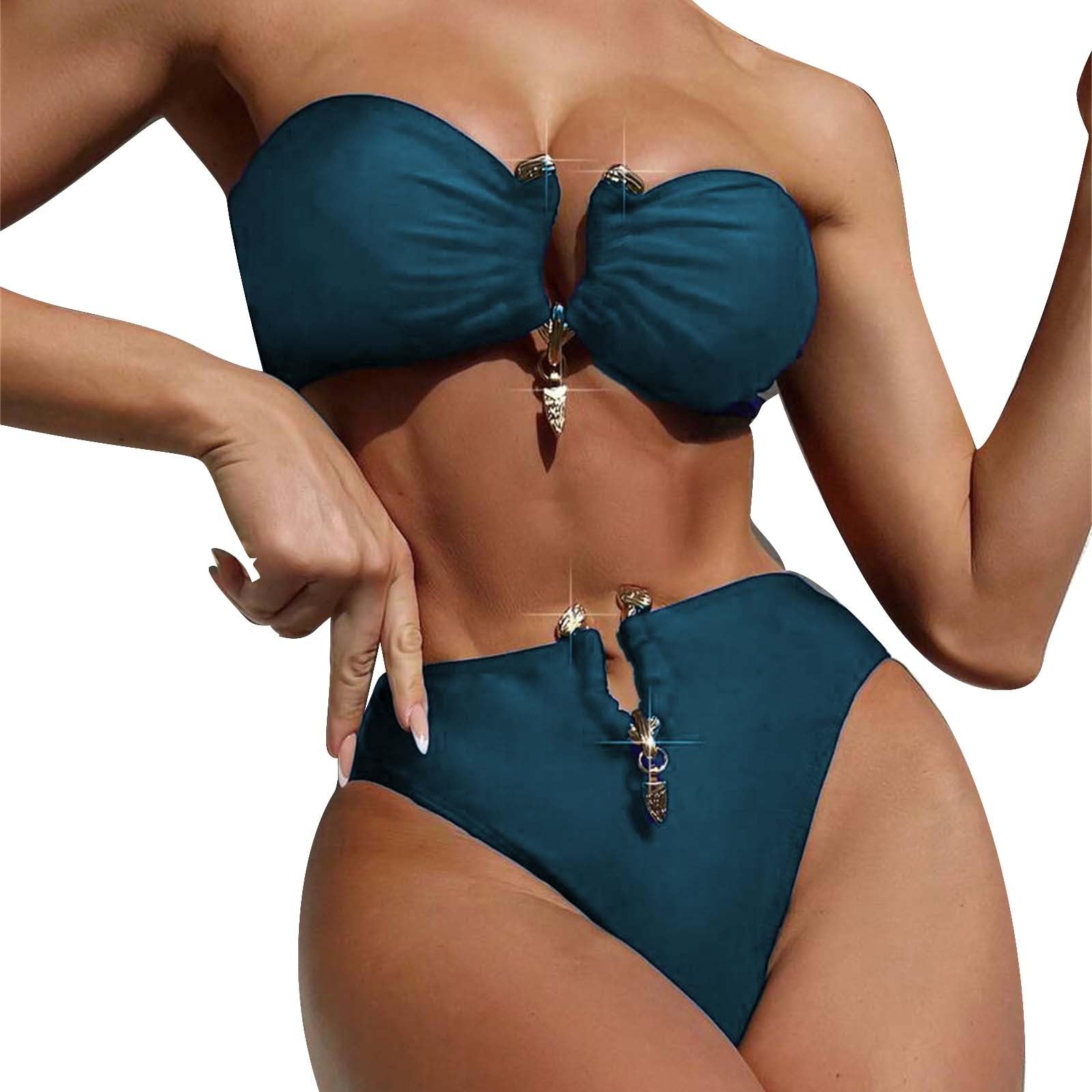 Generisch Conjunto de bikini sexy con anillo de metal para mujer, cintura alta, muesca, cuello en V, traje de baño, bikini sin tirantes negro