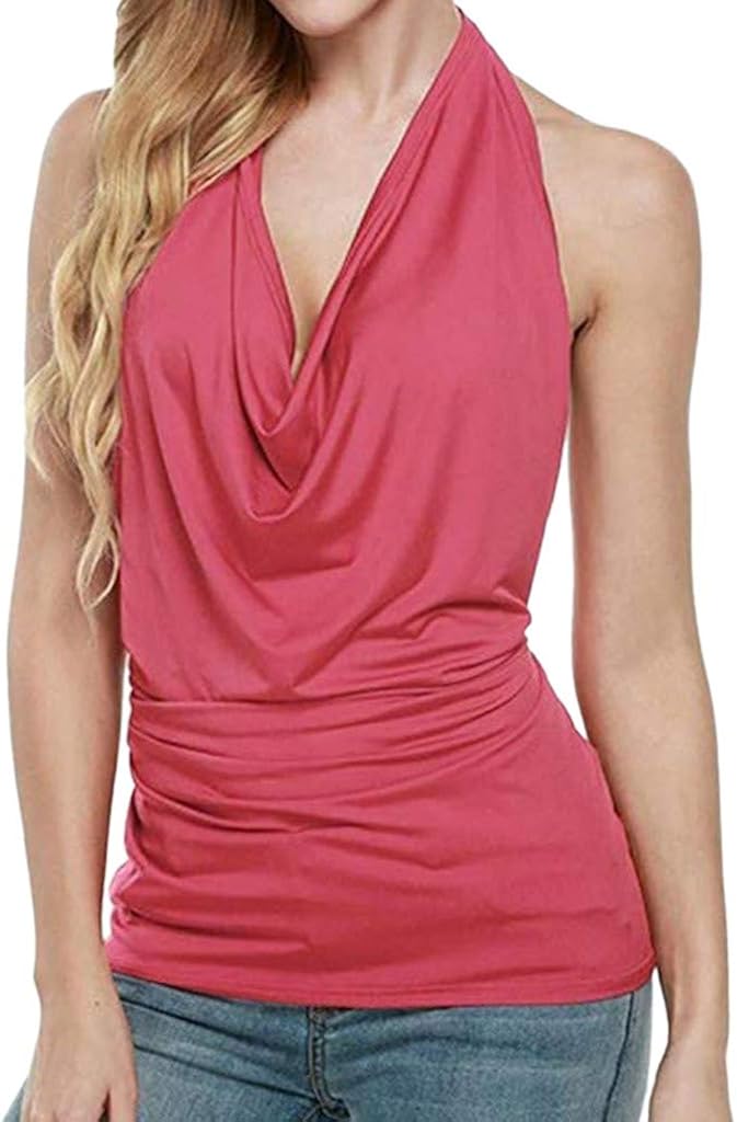 TRENDINAO Summer Sleeveless Sexy Halter Tank Tops for Women Drape Front Low Cut Cowl Neck Tunic Backless Blouse at  Women’s Clothing store