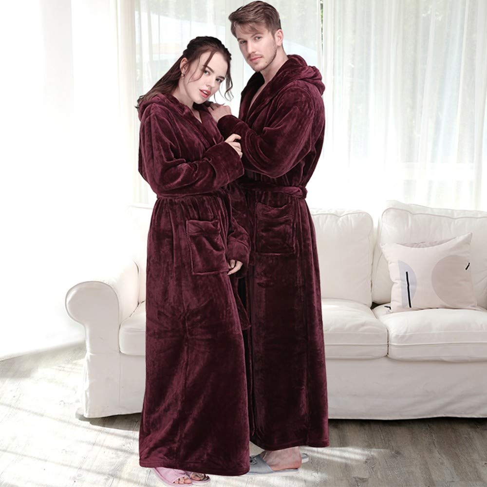 Peignoir d'hiver,À La Mode Homme’S Winter Hooded Extra Long Warm Bathrobe Luxurious Thick Flannel Soft Pyjamas Sexy Couple Comfortable Wine Red Elegant Party