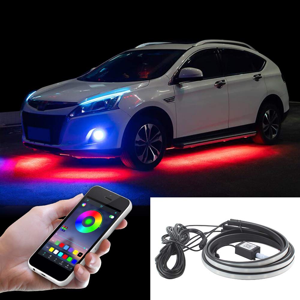 Wanyu4PCS Under Car Glow Light, Underglow Car Light Kit, LED Strip Underbody Kit RGB Music Bluetooth APP Control LED Lights Bluetooth APP Control LED Lights 35''x47''