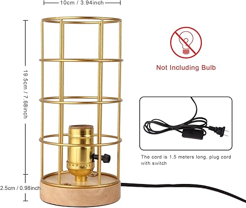 Miniatura 4 de SUNLLOK Lámpara de mesa industrial de jaula dorada con base de madera, pantalla de metal, mesita de noche, pequeña lámpara de escritorio, decoración
