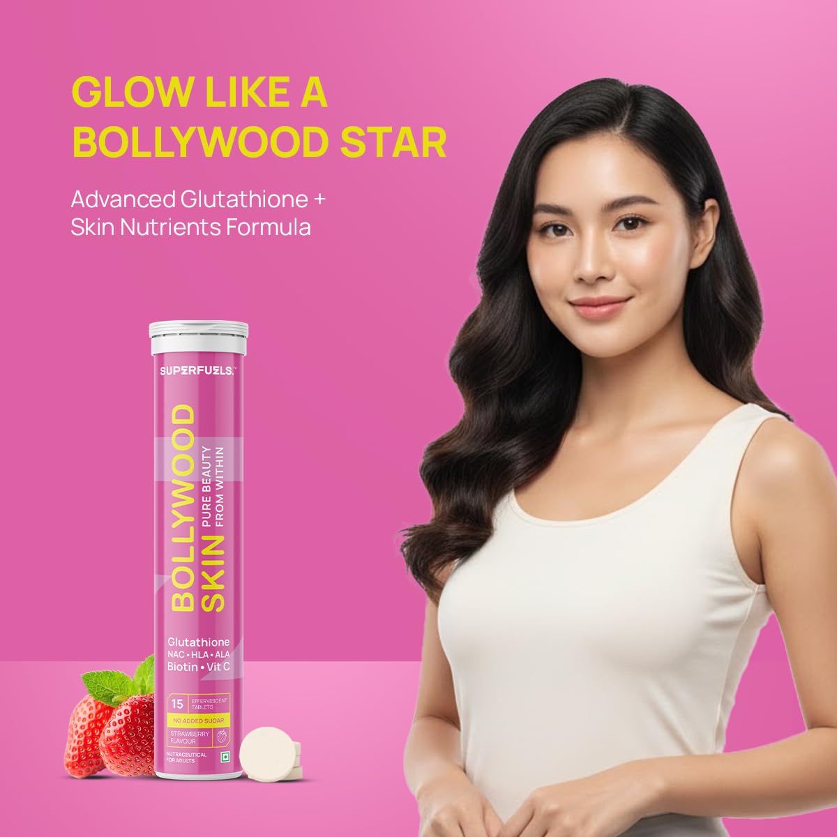 SUPERFUELS Bollywood Skin 500mg L Glutathione Tablets with HLA & ALA |  Glowing Skin & Hair | Vitamin C, E, NAC & Biotin | Strawberry Flavor