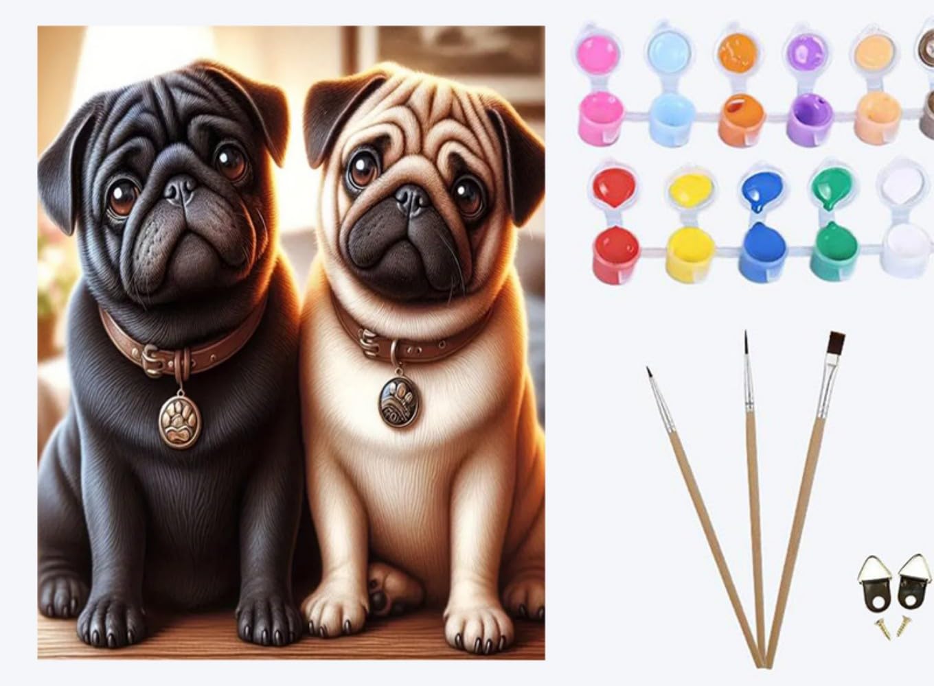 Xiaoyouqian Colorful Two Dogs Pugs，Diy Paint By Numbers For Adults ，Oil Painting Kits,Craft Art Painting Kit ，Acrylic Pigment Drawing Gift For Home Decor ，16X20inch，Frameless