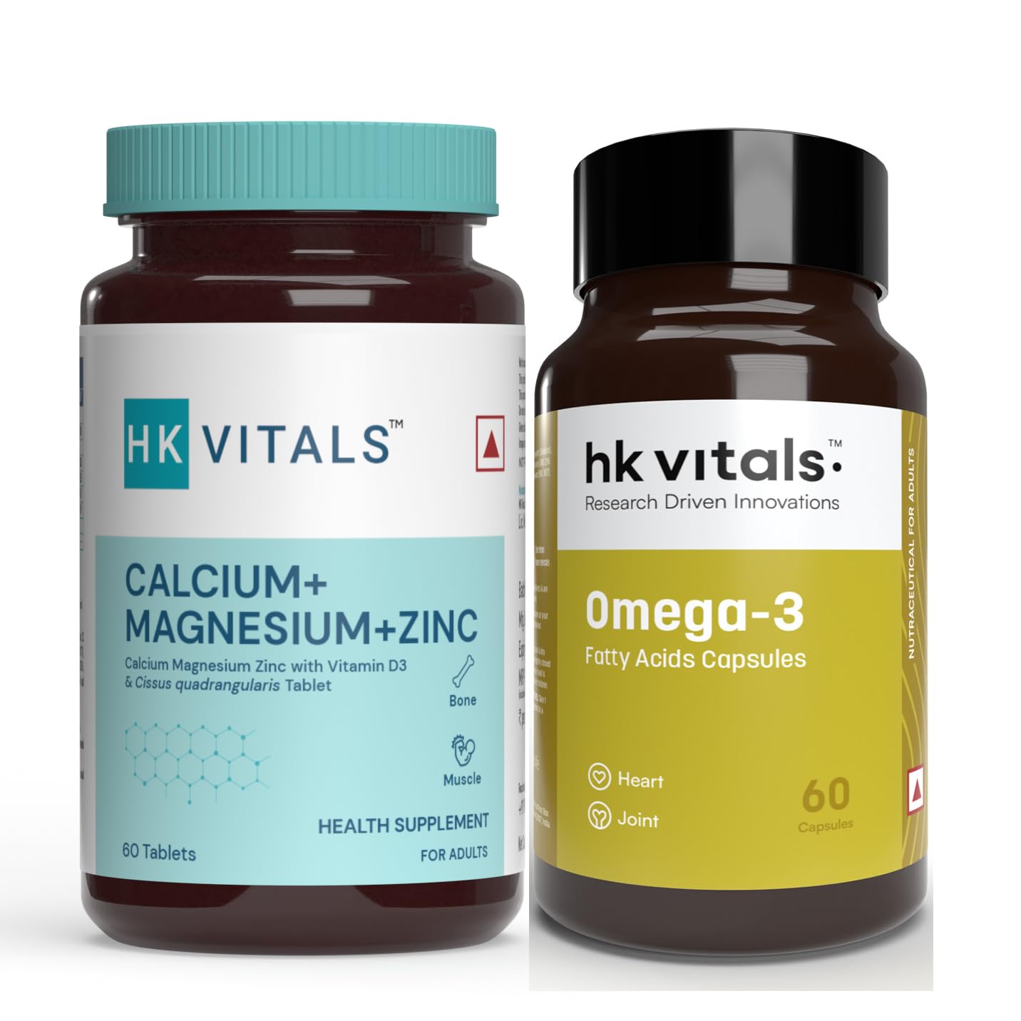 HealthKart HK Vitals Omega 3 with 180mg EPA & 120mg DHA, 60 Fish Oil Capsules with Calcium, Magnesium & Zinc with Vitamin D3, 60 Tablets (Combo Pack)