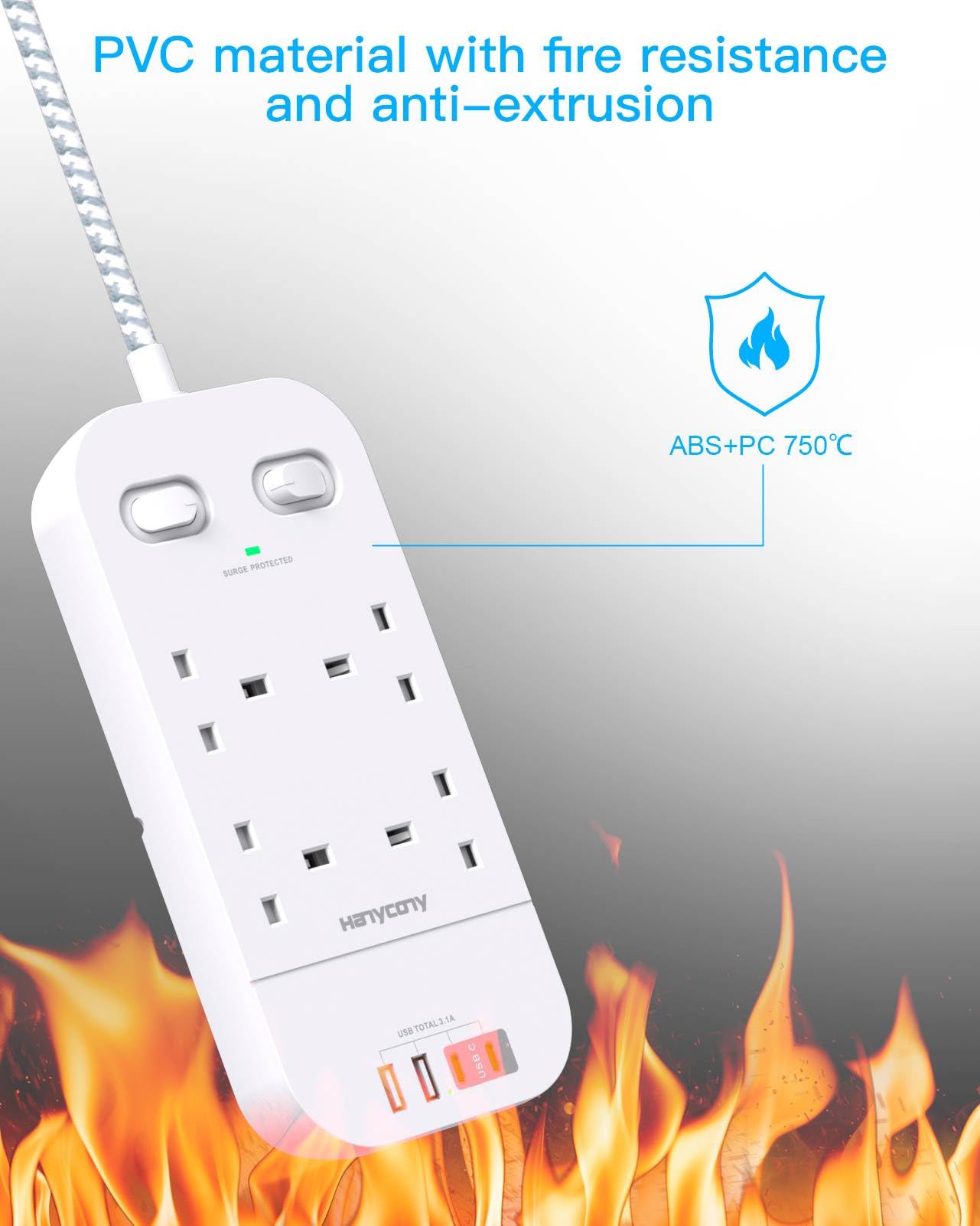 4 Way Surge Protected Extension Lead with USB Slots – Multi Plug Power Strip Extension Cable with Double Switches, Plug Extension Socket 1.8M Braided Extension Cord for Home Office Accessories — view 5