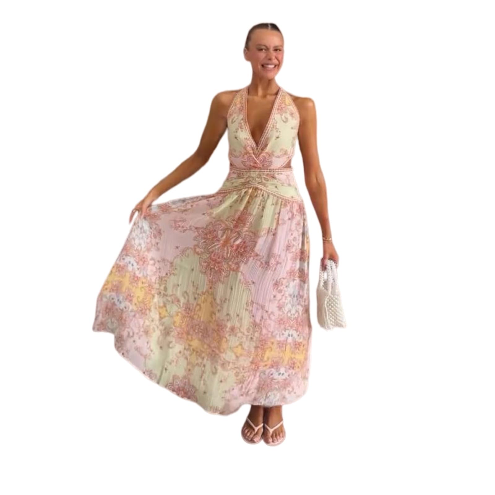 Vestito Donna Elegante Halter Maxi Abito Profondo V Senza Schienale Pizzo su Stampato per Festa Serata Indossare Vacanze-as Shown-s