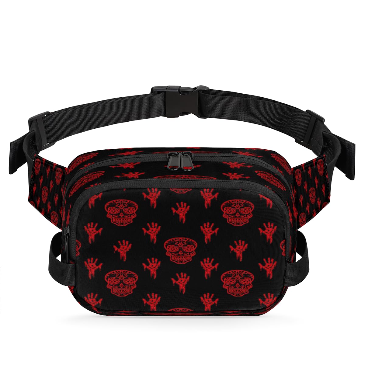 Hand Painted Skull Hand Bones Waterproof Fanny Pack for Women Men Adjustable Waist Bag with Double Zipper Pockets Lightweight Square Hip Pack for Running Travel Hiking Workout Cycling
