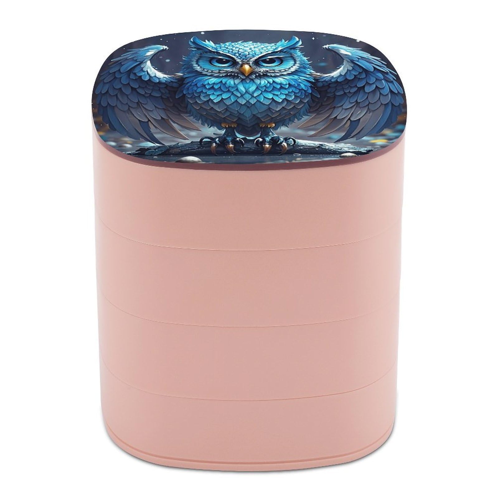 FekiLoot Blue Owl Jewelry Box 4-Layers Rotatable Jewelry Organizer Storage Box with Mirror Cute Travel Jewelry Case Portable Earring Holder Organizer for Ring Necklace Bracelet