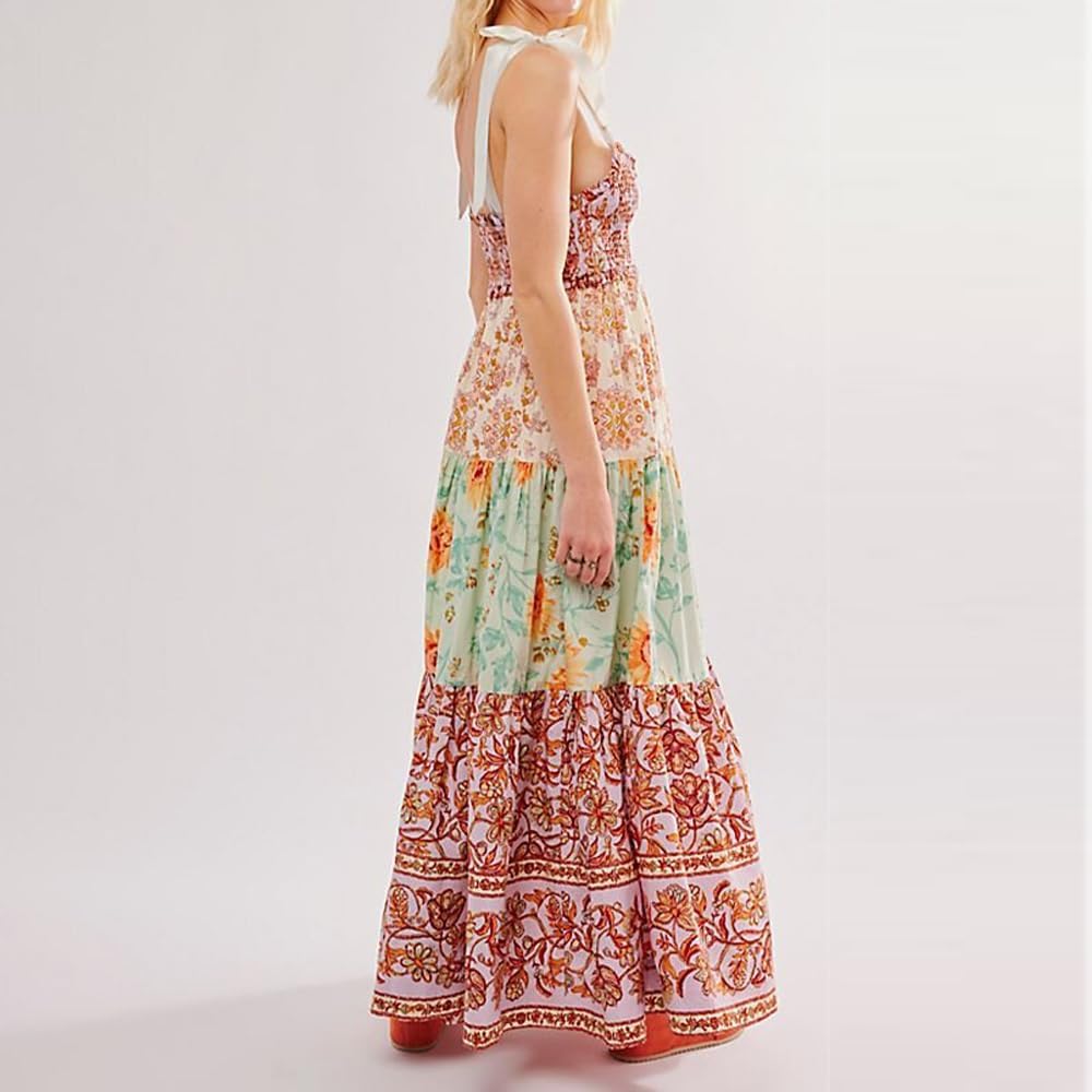 Women Floral Maxi Dress Tie Shoulder Patchwork Smocked Flowy Boho Dress with Pockets Summer Vacation Sundress - Image 2
