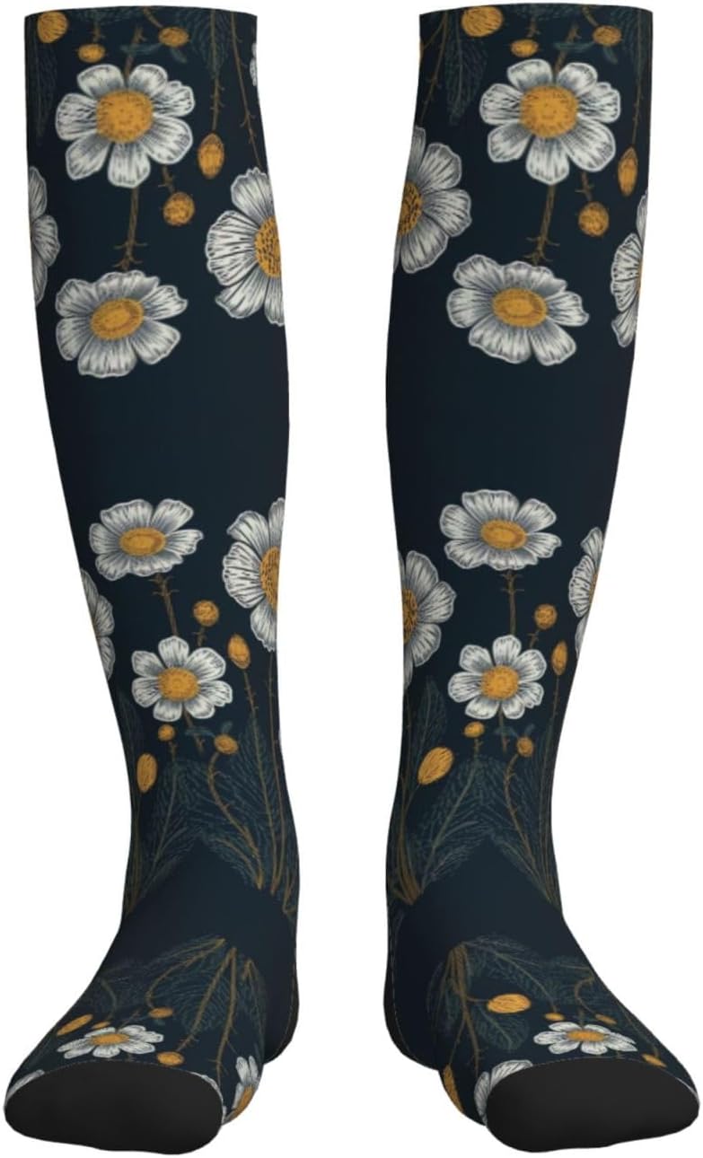 Three White Flowers Compression Socks For Women Men 15-20mmhg Graduated Support Circulation Knee High Socks For Nurses Athletic