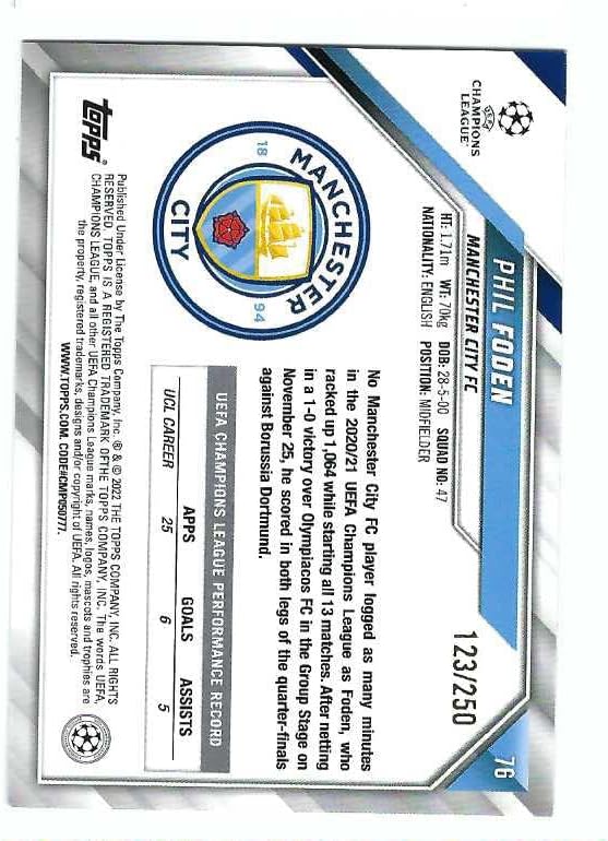 PHIL FODEN 2021-22 Topps UEFA Champions League Soccer #76 YELLOW FOIL PARALLEL Card #123 of only 250 Made! Manchester City FC England
