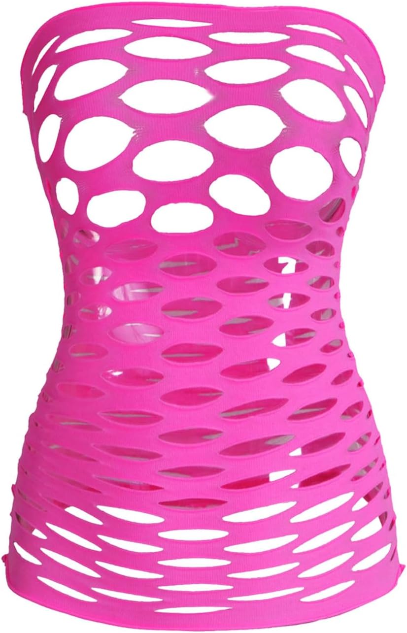 OYOANGLE Womens Strapless Fishnet Lingerie Sleepwear Mesh See Through Babydoll Mini Dress Tube Chemise Bodysuit