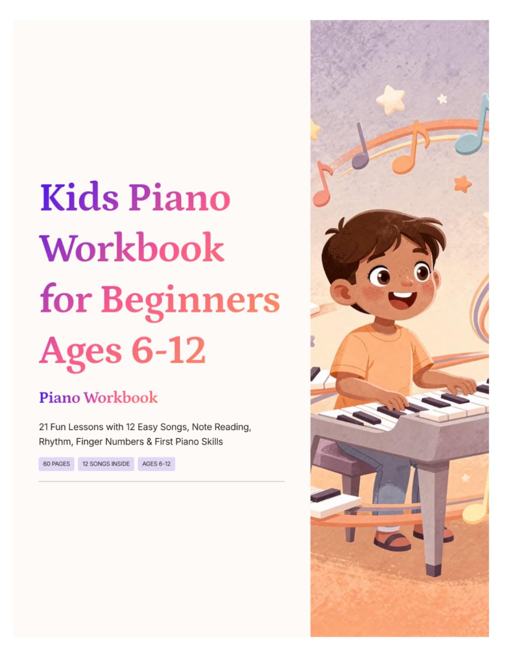 Kids Piano Workbook for Beginners Ages 6–12: 21 Fun Lessons with 12 Easy Songs, Note Reading, Rhythm, Finger Numbers & First Piano Skills