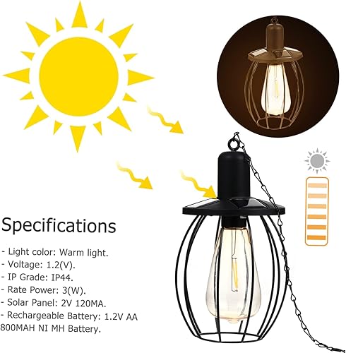 Miniatura 5 de DOITOOL Lámpara solar de hierro forjado, luces colgantes de jardín, luz colgante de energía solar, lámpara de araña negra al aire libre, decoración