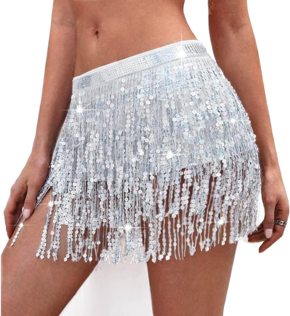 Sequin Tassel Skirt - Belly Dance Hip Skirt Fringe Tassel Hip Scarf Rave Skirts for Women and Girls Halloween Cowgirl Costume