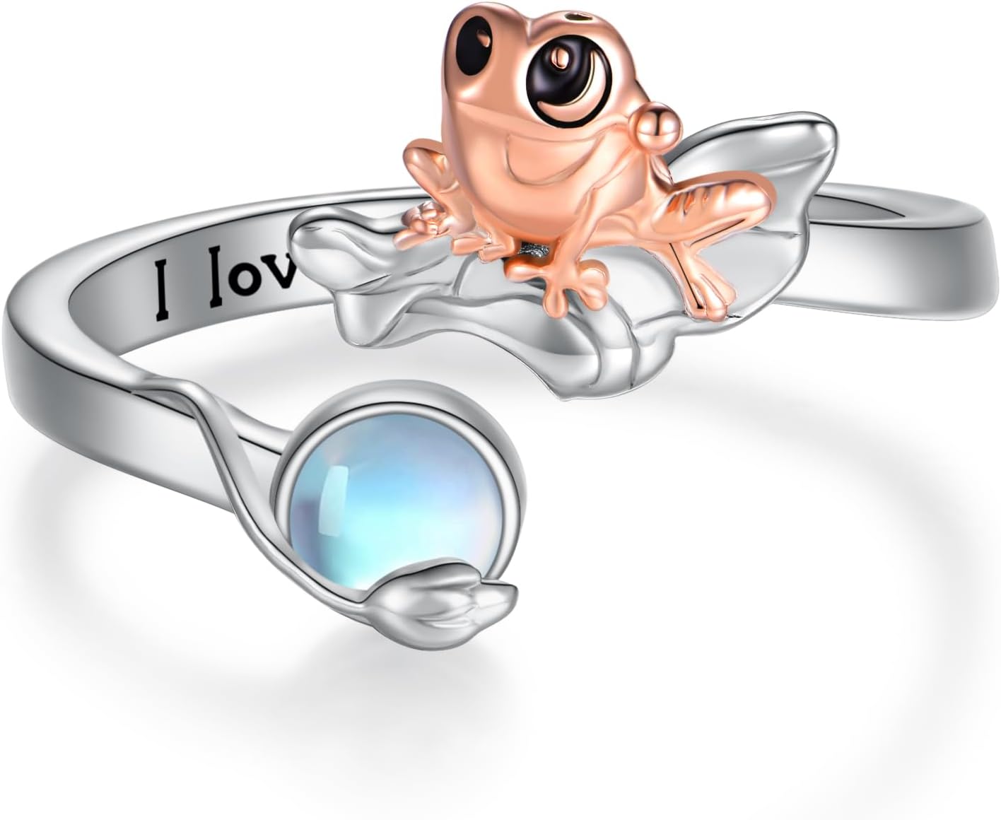 Frog Rings for Women 925 Sterling Silver I Love You Forever Ring Moonstone Frog Open Adjustable Ring Frog Jewelry Gifts for Women