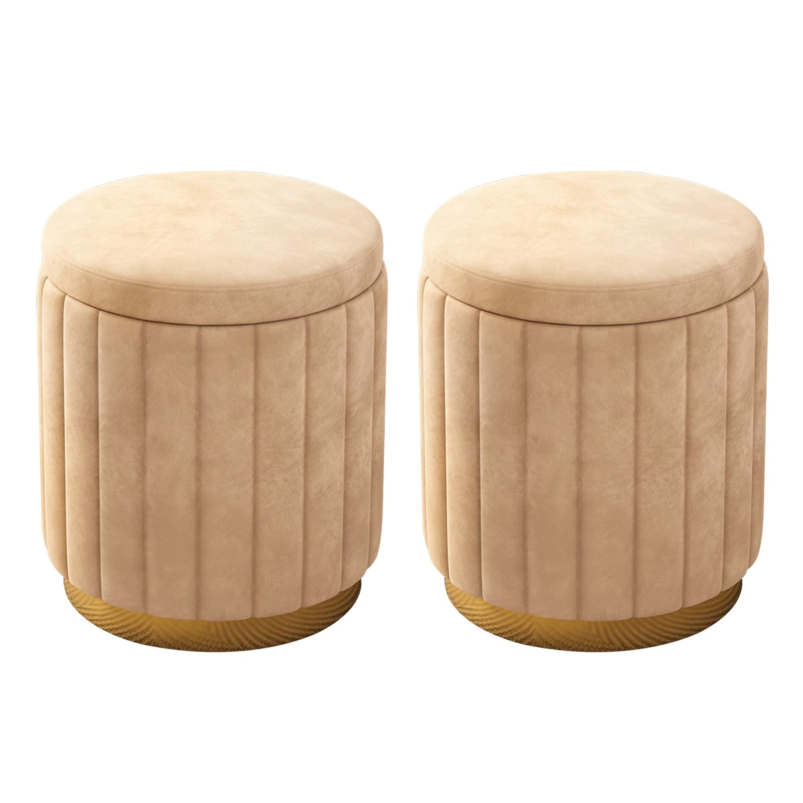 Pouf rotondo con contenitore, set di 2 sgabelli imbottiti in velluto con base in metallo, sgabelli moderni per camera da letto, soggiorno, mobili per la casa (set da 2, giallo)