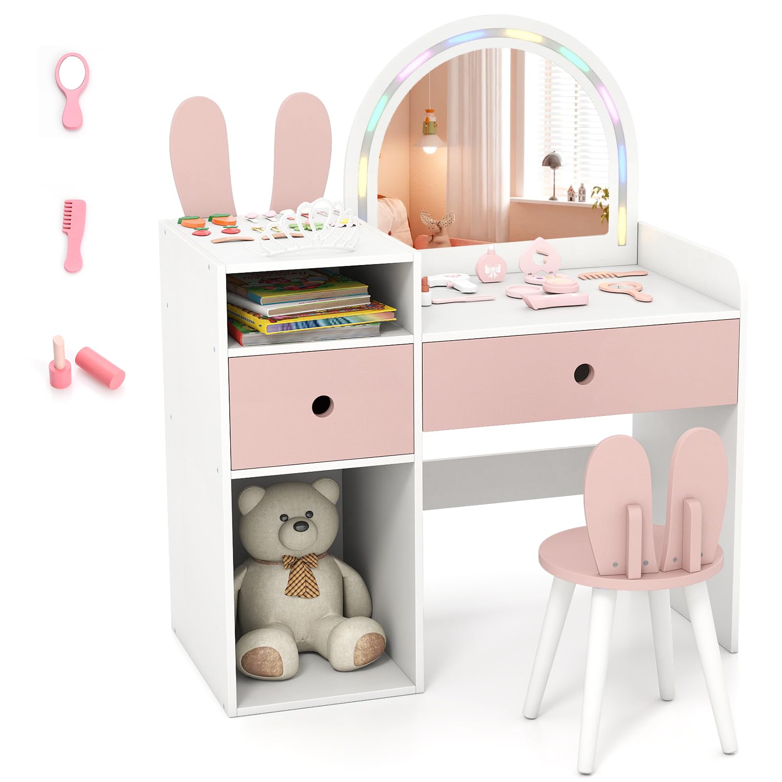 LIFEZEAL Specchiera Trucco per Bambina 3+Anni, con Luci, Sgabello, Sedia, Toeletta Tavolo, Forma di Coniglio, Postazione Make up, Vanity, Cassetti, Scomparti Aperti, Accessori, Cameretta (bianco)