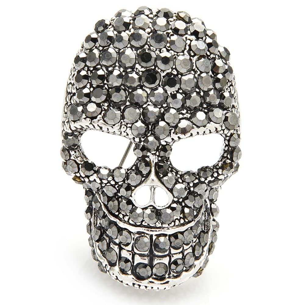 Fituenly Men's Black Skull Brooches Sparkling Rhinestone Skull Head Lapel Pin Punk Crystal Skeletons Brooches For Wo