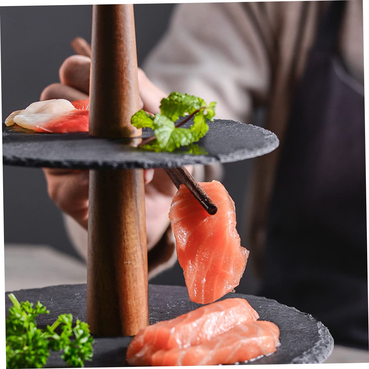 MAGICLULU Plateau de Sushis Rond Japonerie à Deux Niveaux en Bois 1 Pièce