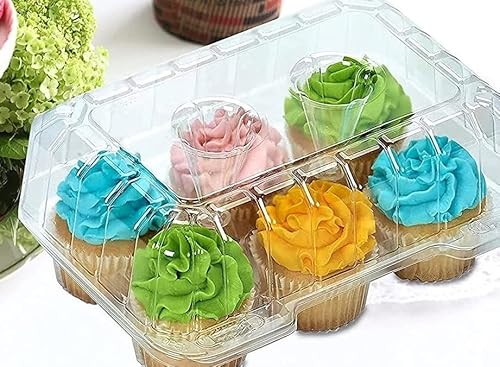 Decony Cupcake Boxes 6 Count [ Made In Usa ]- Clear Plastic Cupcake Containers With 4" High Dome Lid- Durable Cupcake Holders- Each Cup Cake Box Holds 6 Cupcakes- 12 Pack #TOP3