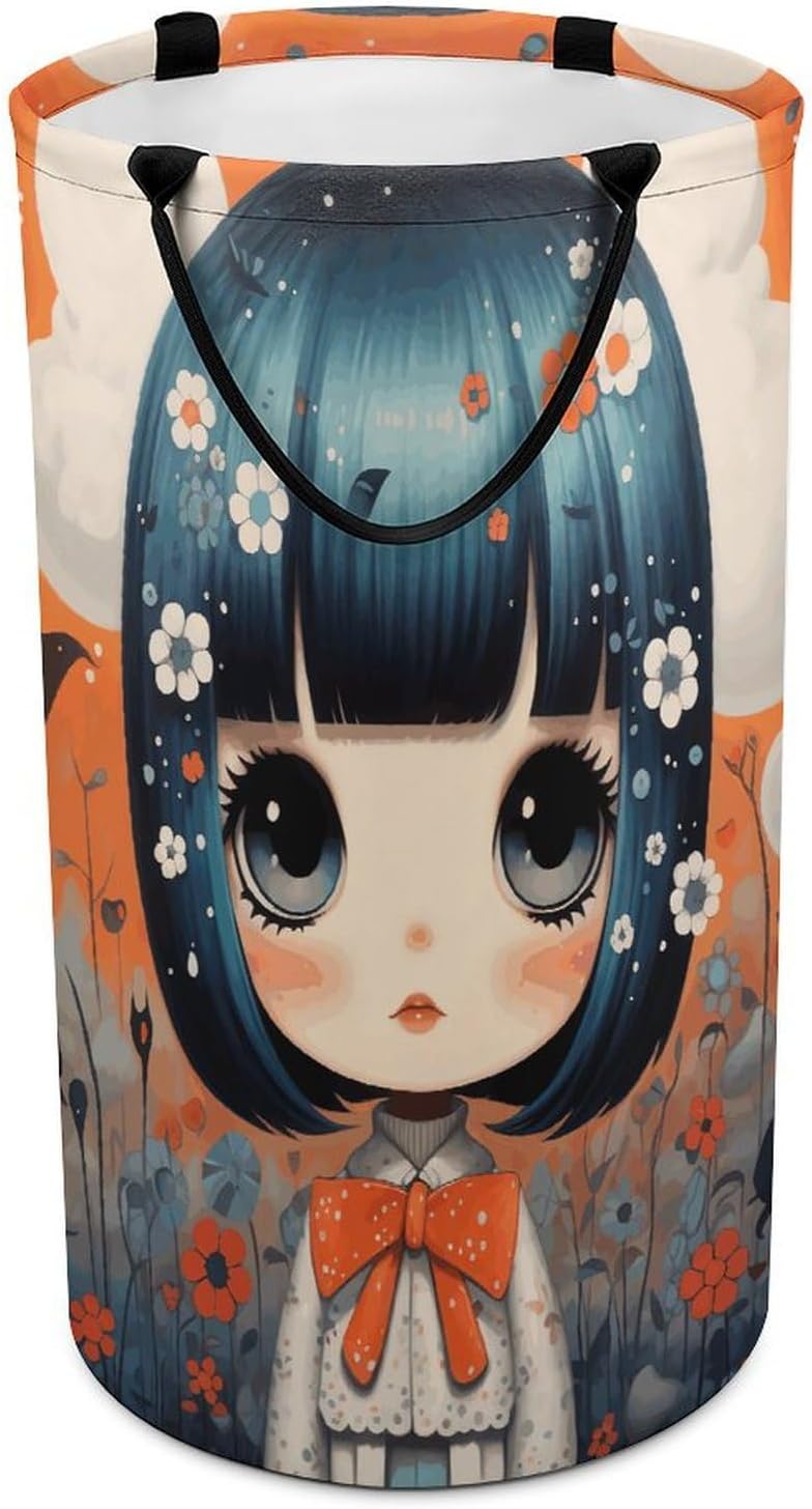 Storage Basket Waterproof Foldable Laundry Hamper Anime Pictures Printed Round Dirty Clothes Laundry Basket Suitable for Family Dorms