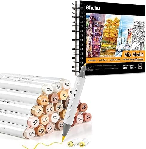 Ohuhu Marcadores de tono de piel, punta de pincel, marcadores de pincel de doble punta a base de alcohol+almohadilla de medios mixtos de 8.9 x 8.3