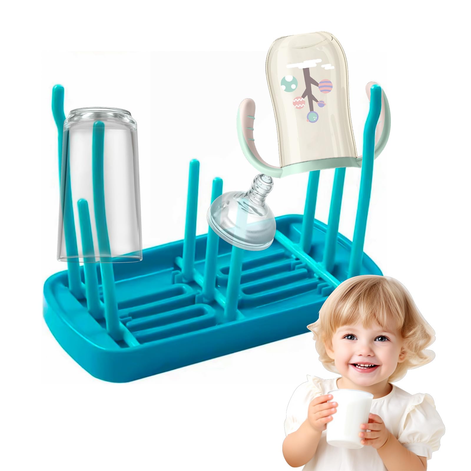 Scolabottiglie, Pieghevole Scolabiberon, Portatile Stendino per Biberon, Blu, con Vassoio Antigoccia, per Asciugare Biberon, Tettarelle, Tazze