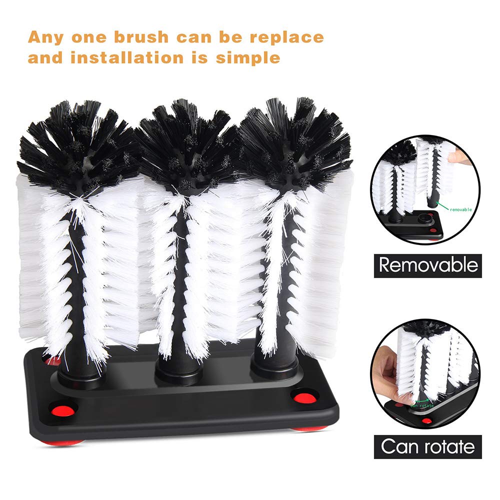 Limpiador de vidrio de 3 cepillos, herramienta de lavado de vasos de vidrio con base de ventosa para fregadero de cocina, hogar, restaurante, 18,5 x 9,5 x 19 cm