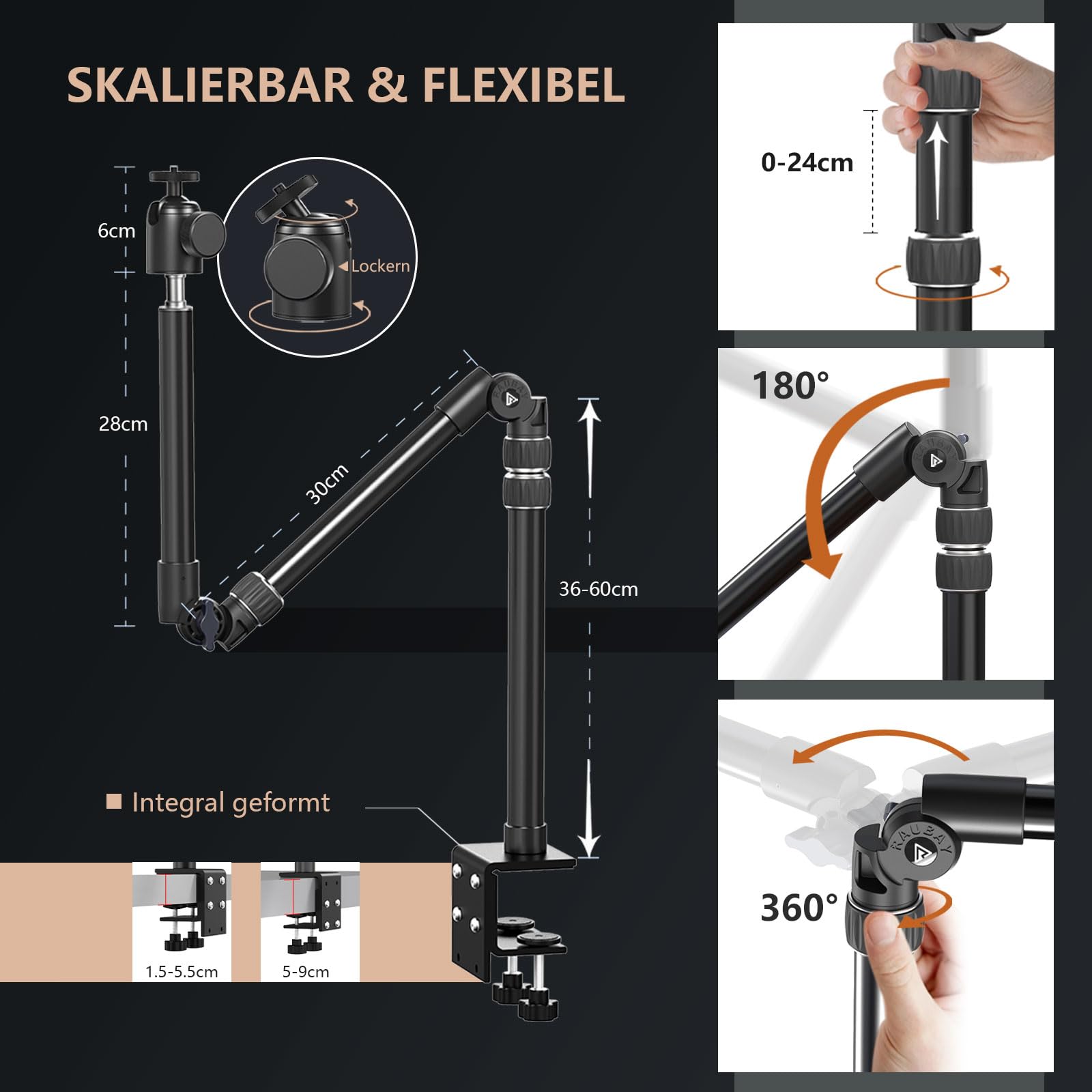 Dpofirs Kamera Tischhalterung 22 Zoll - 360° Verstellbarer Halterungsarm Mit Klemme - Für Kamera, Webcam, Mikrofon & LED