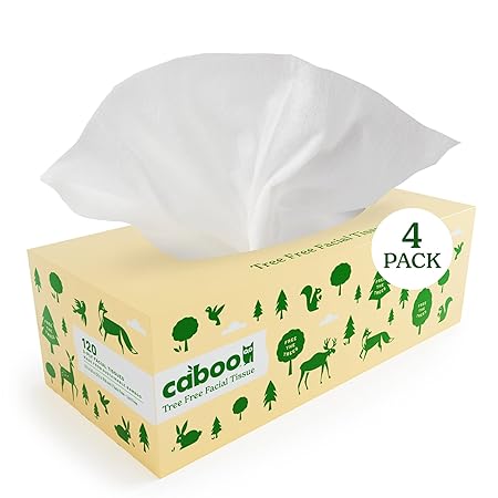 Caboo Tree Free Bamboo Facial Tissue Paper, Eco Friendly 2 Ply Tissue Flat Box - 184 Sheets Per Box, Total of 4 Boxes, 736 Total Tissues