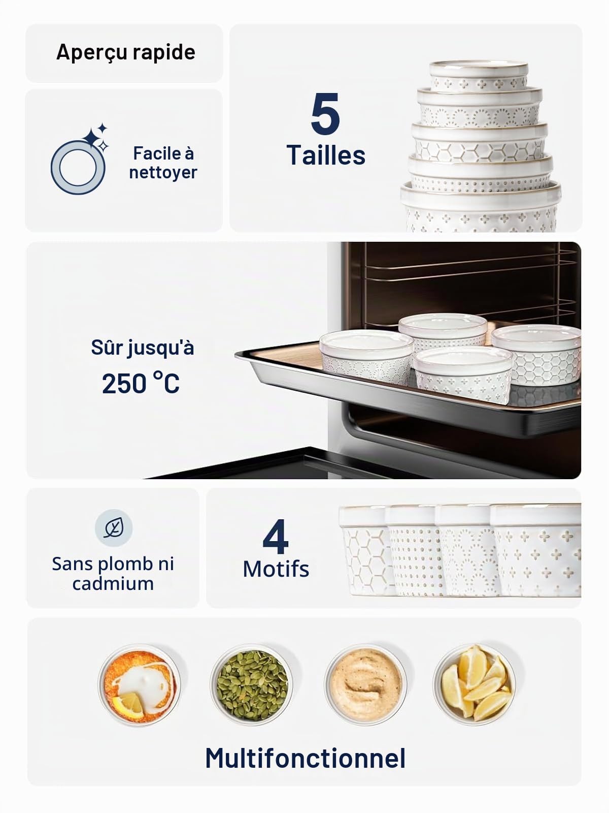 LE TAUCI Lot de 4 ramequins de 236ml pour crème brûlée, gâteau de lave, pudding, soufflé, tarte en céramique, passent au four, 10,9 cm, blanc arctique