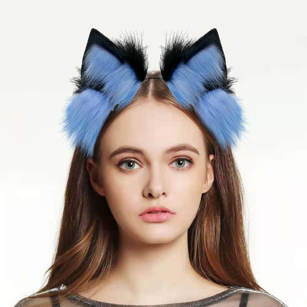 Cat Wolf Fox Dog Ears Headband Handmade Faux fur Cosplay Halloween Costume Party: Black+blue
