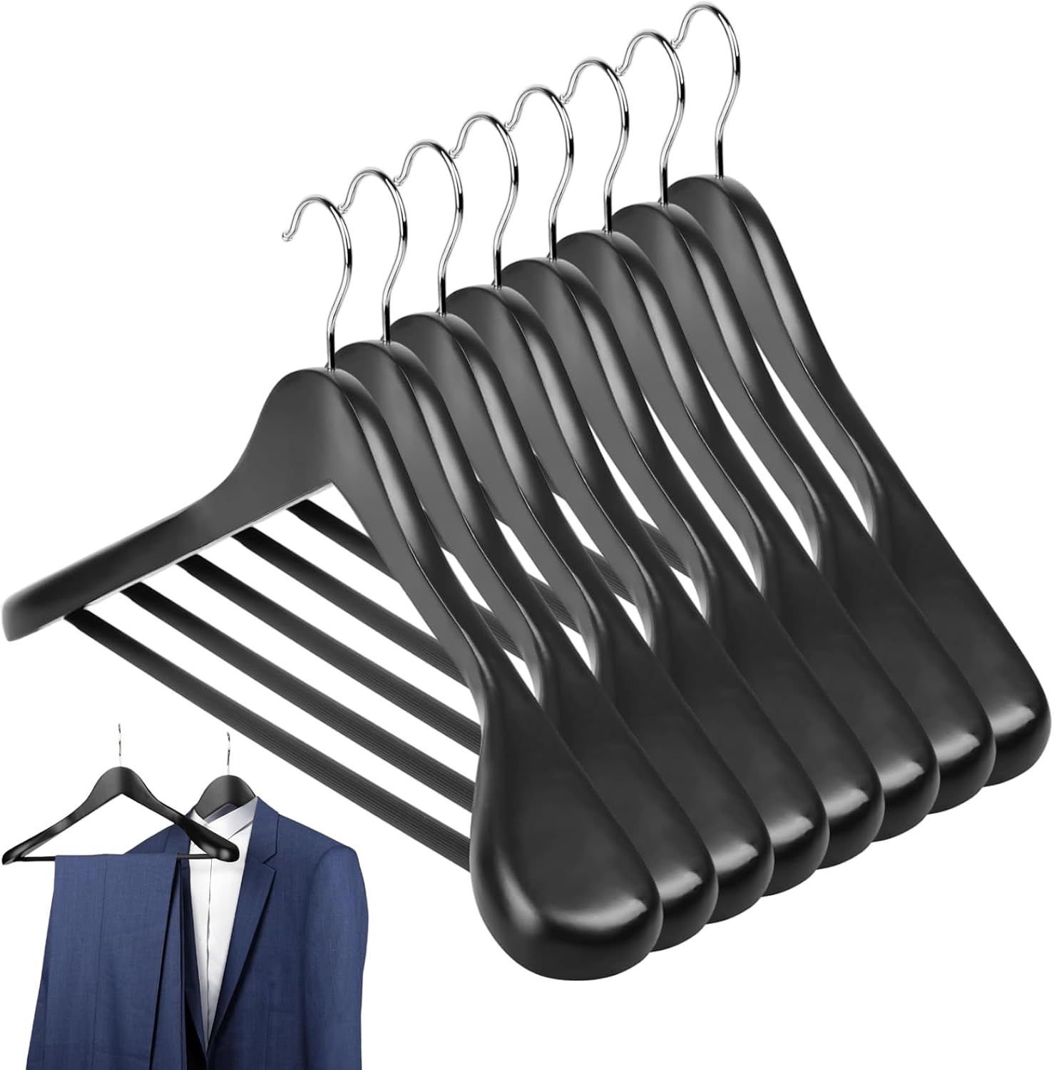 8Pcs Black Wooden Hangers Extra Wide Shoulder Suit Hanger with Non Slip Pant Bar for Suits, Coats, Jackets, Heavy Wide Clothes.