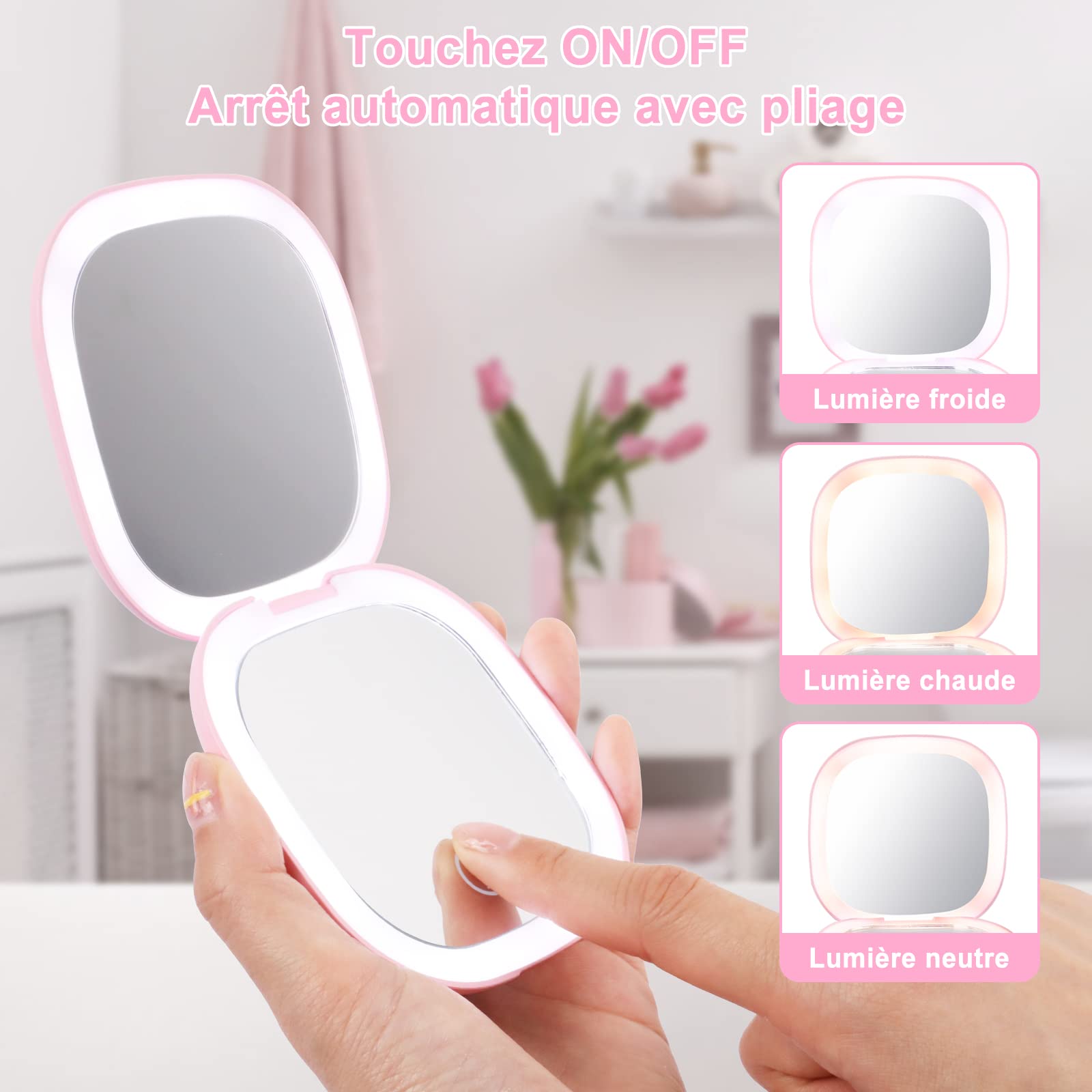 Kintion Specchio tascabile, specchio da viaggio a LED con luce, piccolo specchio tascabile con ingrandimento 1x/3x, specchio con illuminazione, piccolo specchio pieghevole con luce, viola